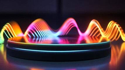 Poster - Abstract luminous waveforms emanating above a multicolored circular platform, creating a vivid spectacle