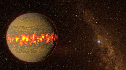Wall Mural - Fiery planet with glowing core against a backdrop of distant stars and space dust
