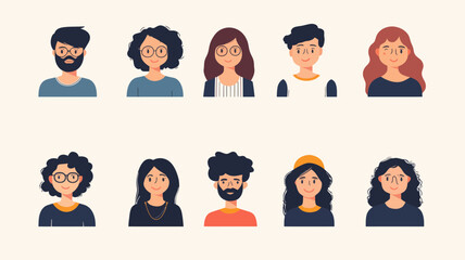 Poster - Colorful Set of Male and Female Avatars for Web Use and Social Media Profiles - Diverse Vector Illustration with 10 Characters