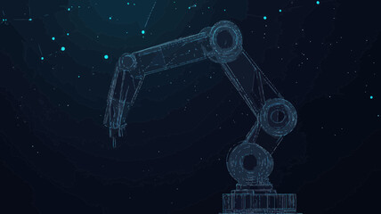Poster - digital polygonal wireframe robotic arm on dark blue background for automation technology and indust