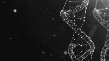 Poster - Grey DNA Strand with Polygon Lines on Black Background - Polygonal Low Poly Structure with Connecting Dots and Lines - Abstract Science Concept Vector