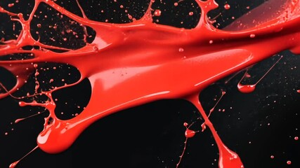 Poster - Dynamic visual of liquid red paint splashing on a dark background, vibrant hue