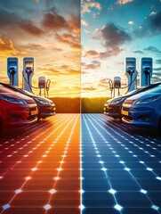 Poster - Bright solar panels meet vibrant gasoline concepts in a striking contrast showcasing eco-energy solutions at sunset