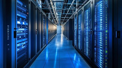 Poster - Data center hallway with server racks glowing blue, showcasing technology infrastructure