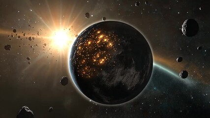 Poster - Nightfall over Metropolis: A Distant Planet Illuminated in the Vast Expanse of Space