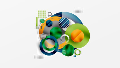 Fototapete - abstract circles, vibrant colors, geometric shapes, modern design, overlapping layers, dynamic composition, green, blue, orange, white background, creative illustration.