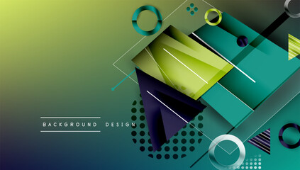 Aufkleber - Abstract geometric composition. Green, blue gradients. Overlapping shapes, lines create dynamic visual effect. Modern design elements.