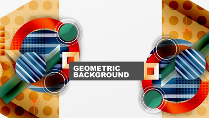Aufkleber - Bright geometric shapes, circles, squares, lines create abstract design. Modern style, vibrant colors, clean composition. Perfect for backgrounds, presentations.