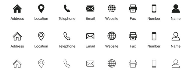 Aufkleber - Contact us icon. Web icons set , home, call, email, address, location, globe, fax, message, envelope, mobile, telephone, website, icon . Communication contact information icon. Business card icon set