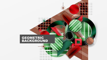 Aufkleber - Abstract geometric composition. Red, green, brown shapes overlap. Circles, squares, lines create dynamic design. Modern aesthetic, clean presentation.