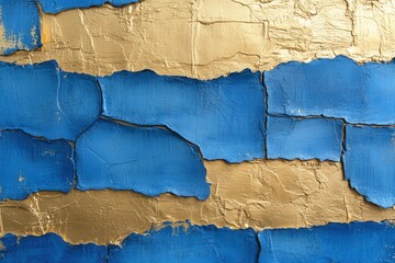 Poster - Abstract texture of blue and gold paint on a cracked wall creating a modern artistic background for design and decoration