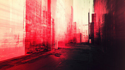 Poster - Modern digital skyline with red hues and abstract structures creating a vibrant futuristic atmosphere during dusk
