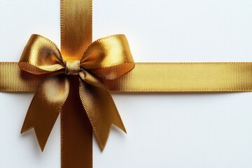 Poster - Elegant Golden Ribbon Bow on White Background Festive Celebration Gift Wrapping Luxury Present Detail