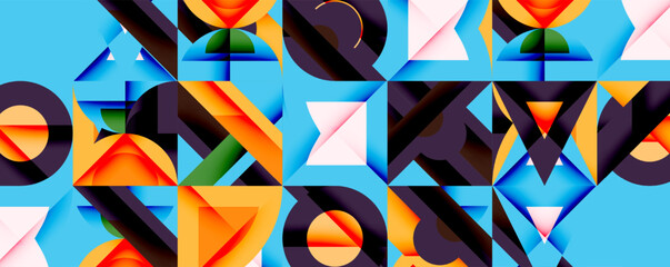 Poster - Bright geometric shapes create abstract pattern. Orange, blue, green, purple dominate composition. Modern design, flat style, digital art.