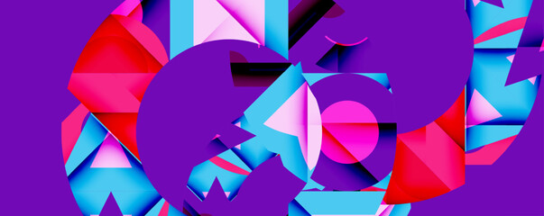 Aufkleber - Abstract geometric shapes, vibrant colors, dynamic composition. Purple background, pink, blue, red elements create modern design.