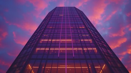 Poster - Modern architecture skyscraper reflecting vibrant sunset colors against a dramatic sky at twilight low angle view urban landscape