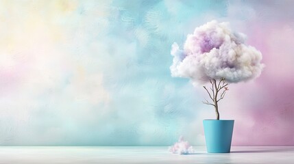 Poster - Whimsical cloud tree growth dreamy pastel background surreal artwork indoor setting close-up view nature concept