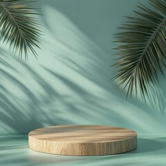 Poster - Minimalist tropical product display with wooden podium and palm leaves casting shadows on a teal wall serene and inviting