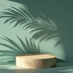 Poster - Minimalist display podium with palm leaf shadow on a light green wall for product presentation and promotion in natural light studio