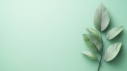 Poster - Elegant Leafy Branch on Mint Green Backdrop Creates a Calming and Minimalist Aesthetic Perfect for Design Projects and Creative Compositions