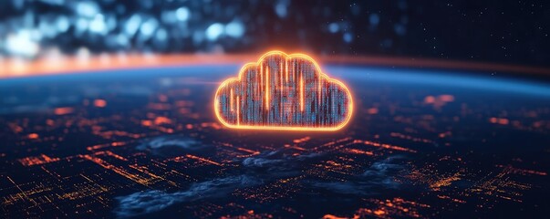 Poster - Cloud server intelligent innovation driving global systems concept. Futuristic cloud computing graphic over a global landscape.