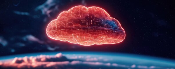 Poster - Clouds server intelligent glowing system driving globalization concept. A futuristic cloud representing digital data storage.