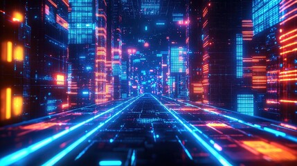 Aufkleber - Cloud server intelligent innovation for managing systems concept. Futuristic cityscape with vibrant neon lights and digital elements.