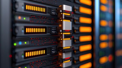 Poster - Cloud server intelligent innovation for managing systems concept. Close-up of server racks with glowing lights and data processing.