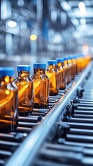 Poster - Amber Glass Bottles on Automated Conveyor Belt in Pharmaceutical Manufacturing Facility with Blue Caps and Industrial Lighting in Cold Tone