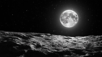 Wall Mural - Ethereal lunar surface landscape with radiant full moon and starry sky creating a serene cosmic vista for space exploration and celestial beauty
