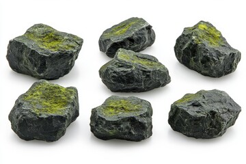 Poster - Collection of dark gray rocks with green moss on a white background studio shot for natural decoration and zen garden design