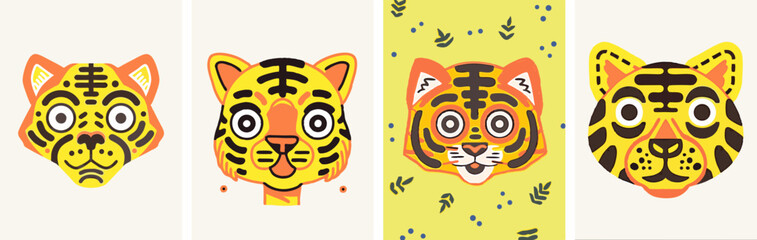 Poster - Tiger faces graphic collection: Featuring playful and vibrant graphic tiger faces with creative design and color patterns. this is playful design and vibrant visual.