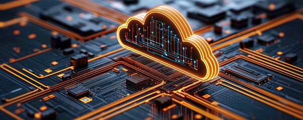 Poster - Cloud server intelligent innovation driving global systems concept. Abstract cloud computing concept on a circuit board.