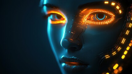Poster - Mysterious woman's face with glowing eyes illuminating a dark background creating an enigmatic and striking visual