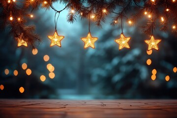 Poster - Enchanting Christmas Star Ornaments Hanging from Pine Branches with Warm Bokeh Lights in a Festive Night Scene