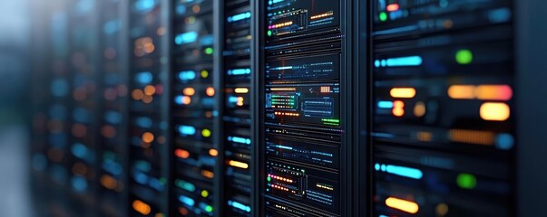 Poster - Cloud server intelligent innovation for managing systems concept. Close-up of server racks with illuminated indicators and connections.