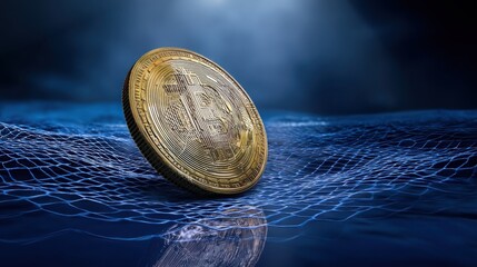 Aufkleber - striking 3d representation of a crypto coin floating within a digital data network symbolizing moder