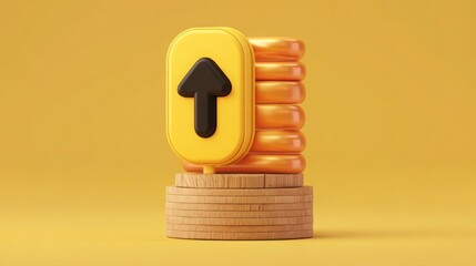 Poster - Stack of coins with a bright yellow arrow on top illustrating financial growth and investment potential in a 3d design