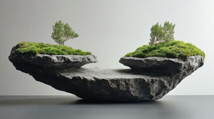 Poster - Serene miniature landscape featuring mossy rock formations and delicate trees evoking a sense of tranquility and natural beauty in a minimalist style