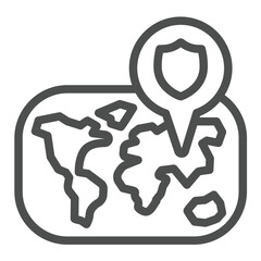 Poster - World map and location pin line icon, voyage concept. Vector graphics. Map and pin with emblem, navigation sign on white background, outline style icon for mobile or web design.
