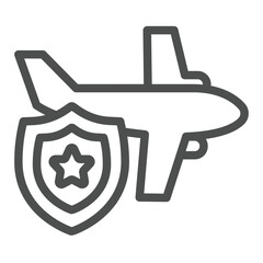 Fototapete - Airplane and marshall emblem line icon, voyage concept. Vector graphics. Regular airplane flight and shield, safety sign on white background, outline style icon for mobile or web design.