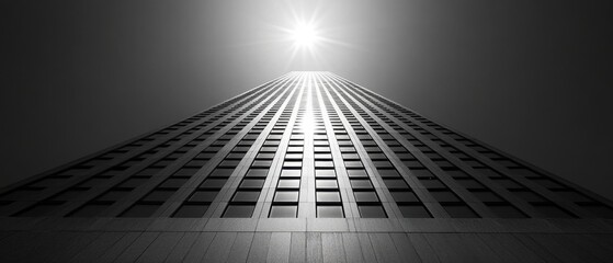 Poster - Ascending Perspective of a Modern Skyscraper in Black and White with Sunburst Highlighting Architectural Detail and Urban Landscape