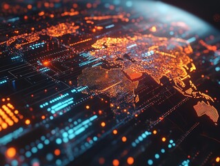 Poster - Digital World Map Glowing with Orange and Blue Lights on a Dark Background in a Futuristic Style