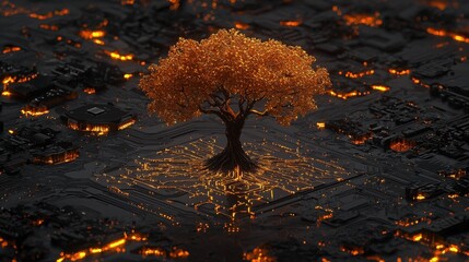 Aufkleber - tree growing from circuit board illustrating the harmonious blend of nature's growth and technologic