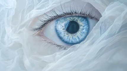 Poster - Stunning close-up of a blue eye displaying a unique white tissue structure with a scanning motion effect
