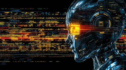 Poster - Futuristic robot with a glowing face peeking out from a message box in a creative and engaging display