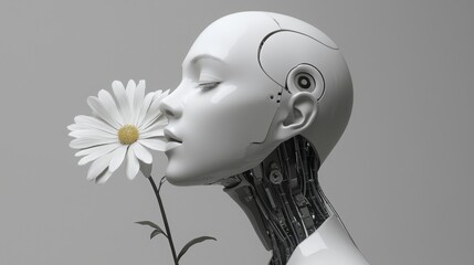 Poster - Enigmatic robot holding a beautiful flower in a display of nature meets technology in a captivating scene