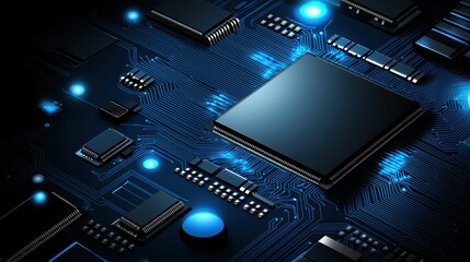 Poster - Circuit board featuring a radiant blue light emitting a neural glow illustrating advanced technology and innovation