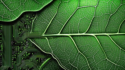 Poster - Green leaf resting on a circuit board highlighting the intersection of nature and technology in a unique visual representation