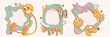 © klyaksun - Psychedelic 70s groovy retro frames - colorful wavy shapes decorated with stars, characters with smiling faces, pastel colors. Hippie trippy style decorative elements for graphic design projects.